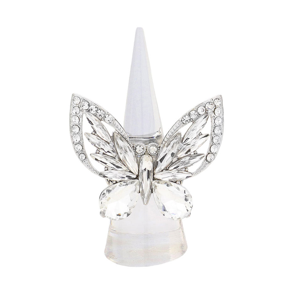 Silver Multi Stone Embellished Butterfly Stretch Ring, is nicely designed with a Bug, Butterfly-theme that has a beautiful charm that attracts eyesight and leads to a smile. These are Perfect for Birthday Gifts, Anniversary Gifts, Mother's Day gifts, Graduation gifts, Prom Jewelry, Thank you, and Valentine's Day gifts.