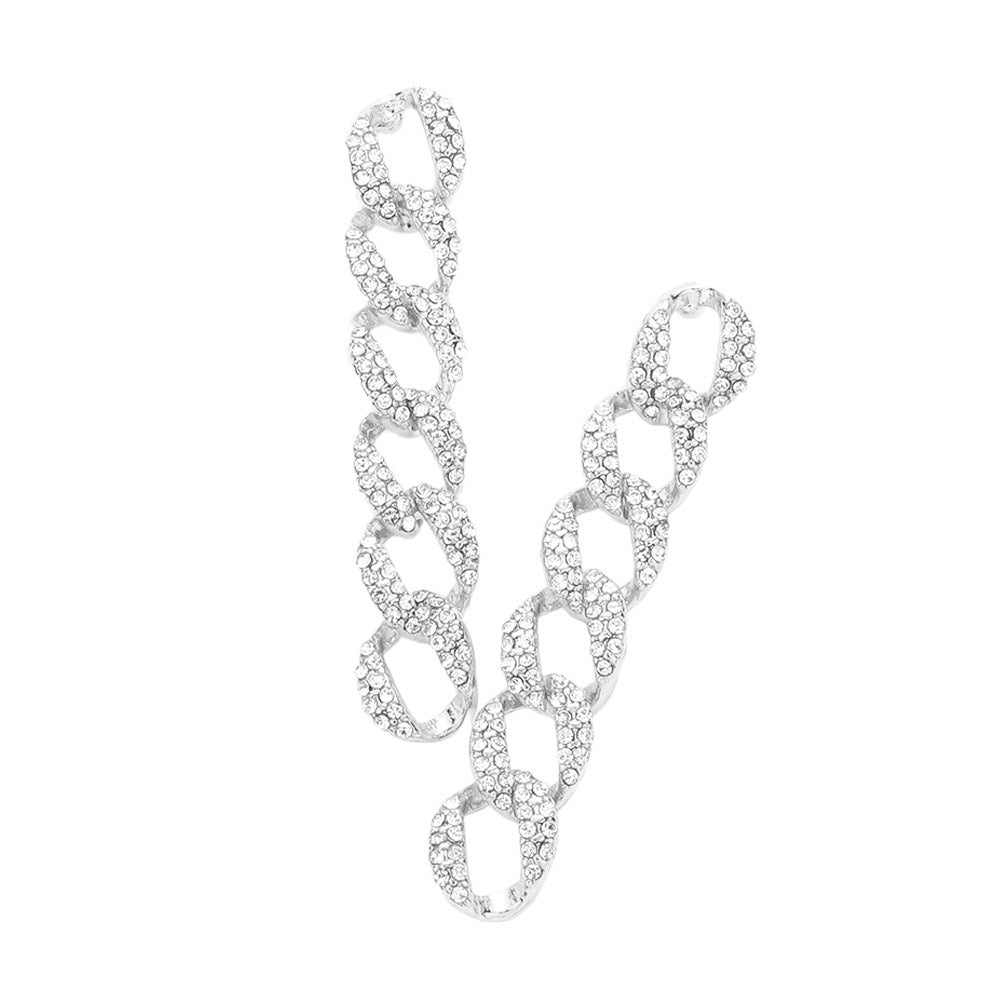 Silver Rhinestone Embellished Metal Chain Link Dangle Earrings, Enhance your style with these sophisticated earrings. Made from durable metal and shiny rhinestones, they offer an elegant and timeless look. Their alluring design allows you to make a bold statement. perfect for any special occasion or to gift someone special.