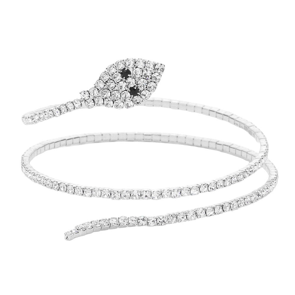 Silver Rhinestone Pave Snake Coil bracelet, is the perfect way to add a glamorous touch and also adds an eye-catching sparkle to any outfit. These classy rhinestone bracelets are perfect for parties, Weddings, and Evenings. Awesome gift for birthdays, anniversaries, Valentine’s Day, or any special occasion.