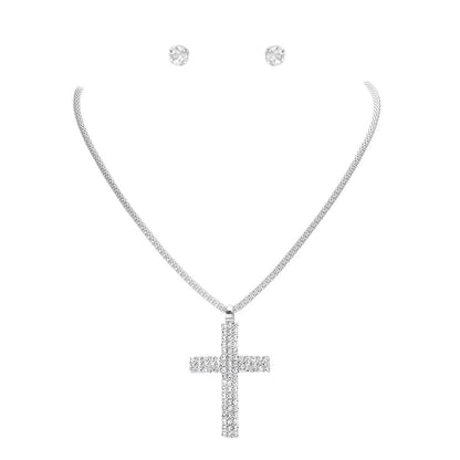 Silver Rhinestone Paved Cross Pendant Jewelry Set is exquisitely crafted from premium-grade metal alloy for a lasting shine. Its intricate design is adorned with shimmering rhinestones for an elegant look. The set includes a matching necklace and earrings. Perfect gift for religious friends and family members.