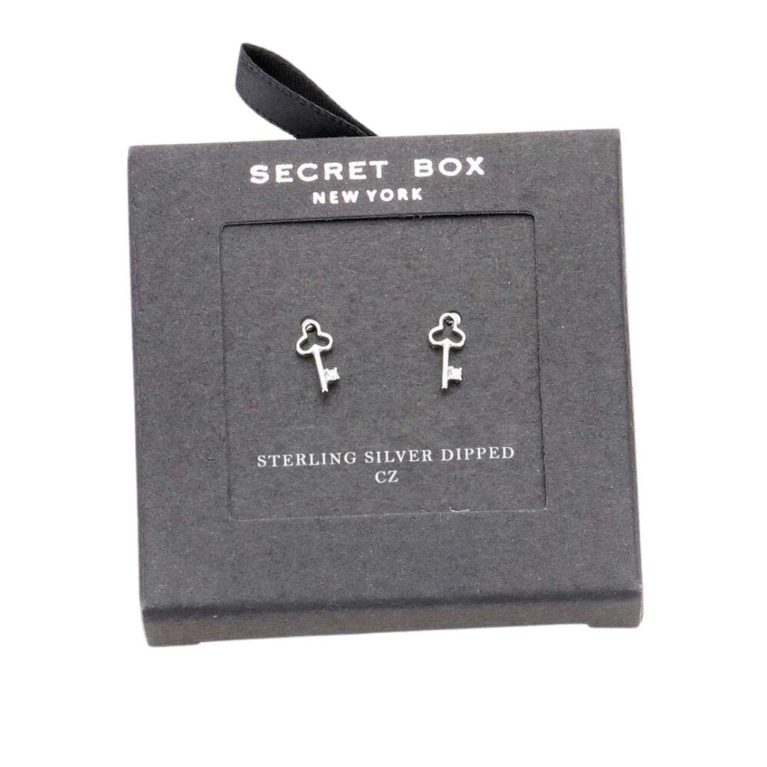 Silver Secret Box 14K Gold Dipped CZ Clover Key Stud Earrings, are fun handcrafted jewelry that fits your lifestyle, adding a pop of pretty color. Enhance your attire with these vibrant artisanal earrings to show off your fun trendsetting style. Great gift idea for your Wife, Mom, your Loving one, or any family member.