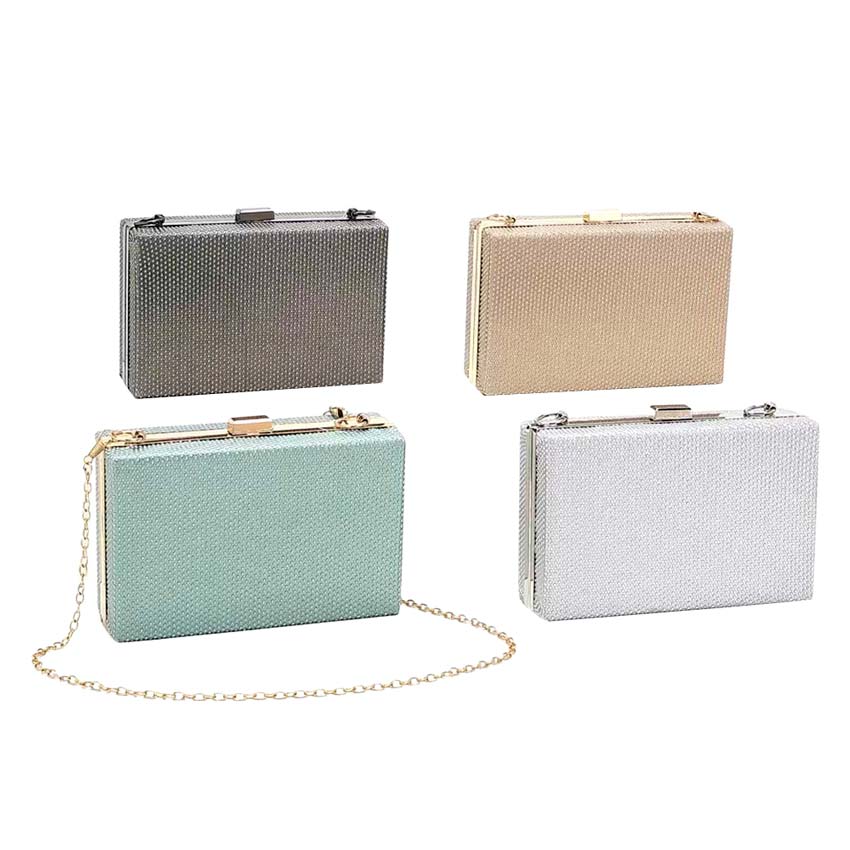 Silver Shimmery Rectangle Evening Clutch Crossbody Bag, This shimmery evening clutch crossbody bag is featuring a bright, sparkly finish giving. This is the perfect evening for any fancy or formal occasion when you want to accessorize your dress, or evening attire during a wedding, bridesmaid bag, formal, or on date night.