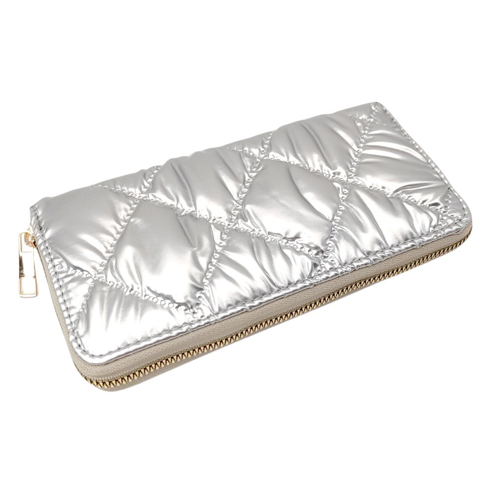 Silver Shiny Faux Leather Padded Wallet with Wristlet offers a sleek and stylish solution for storing your essentials. Its shiny faux leather material adds a touch of sophistication, while the padded design keeps your valuables safe. The attached wristlet also provides convenience and hands-free carrying. 