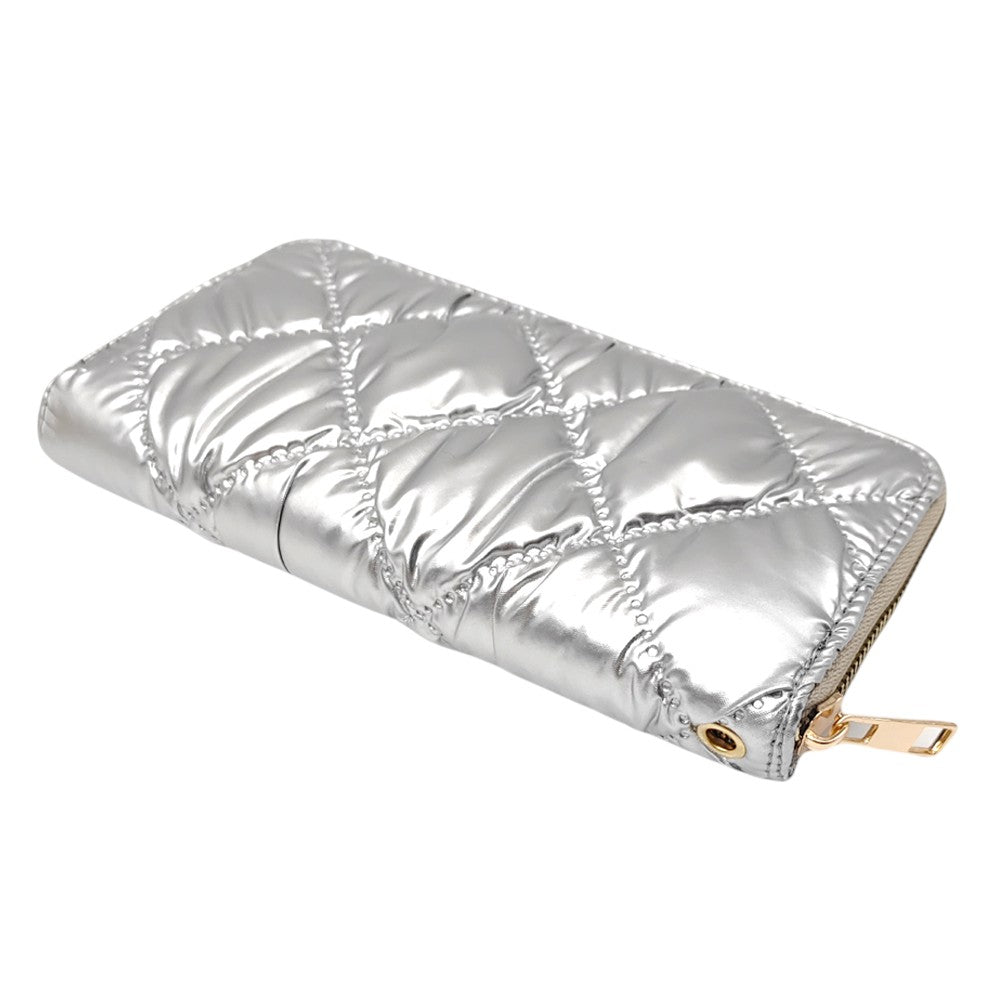 Silver Shiny Faux Leather Padded Wallet with Wristlet offers a sleek and stylish solution for storing your essentials. Its shiny faux leather material adds a touch of sophistication, while the padded design keeps your valuables safe. The attached wristlet also provides convenience and hands-free carrying. 