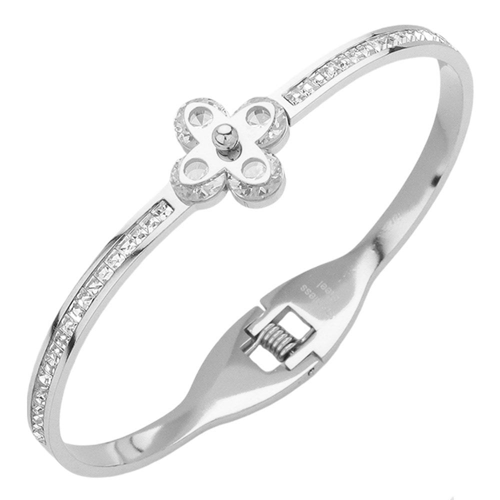 Silver Stainless Steel CZ Stone Clover Pointed Hinged Bangle Bracelet, expertly crafted for durability and elegance. The hinged design allows for easy wear and the clover and CZ stone accents add a touch of sophistication. Elevate any outfit with this timeless accessory.