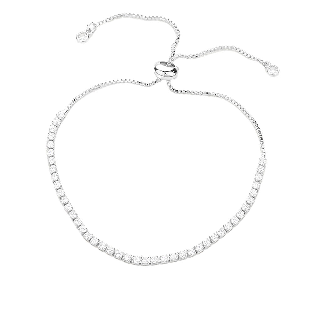 Stainless Steel CZ Stone Tennis Chain Pull Tie Adjustable Bracelet - Silver - Bracelets