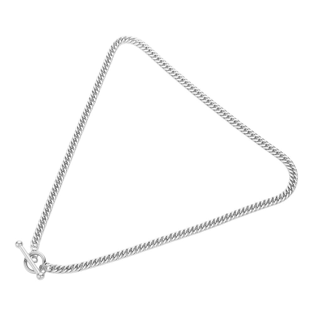 Silver Stainless Steel Chain Toggle Necklace is crafted from strong and durable stainless steel. The toggle clasp adds a touch of sophistication and security, making it a perfect accessory for any occasion. Its high-quality material ensures long-lasting wear, making it a great investment for your jewelry collection.