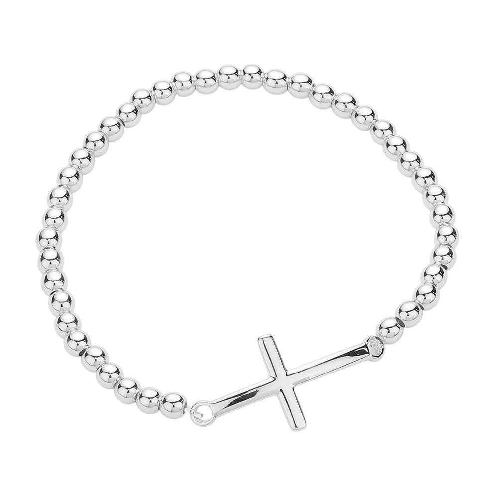 Silver Stainless steel cross pendant pointed stretch bracelet offers a sleek and modern design, perfect for incorporating into any outfit. The durable stainless steel construction ensures long-lasting wear while the adjustable stretch design provides a comfortable fit. Make a bold statement with this stylish and versatile accessory.