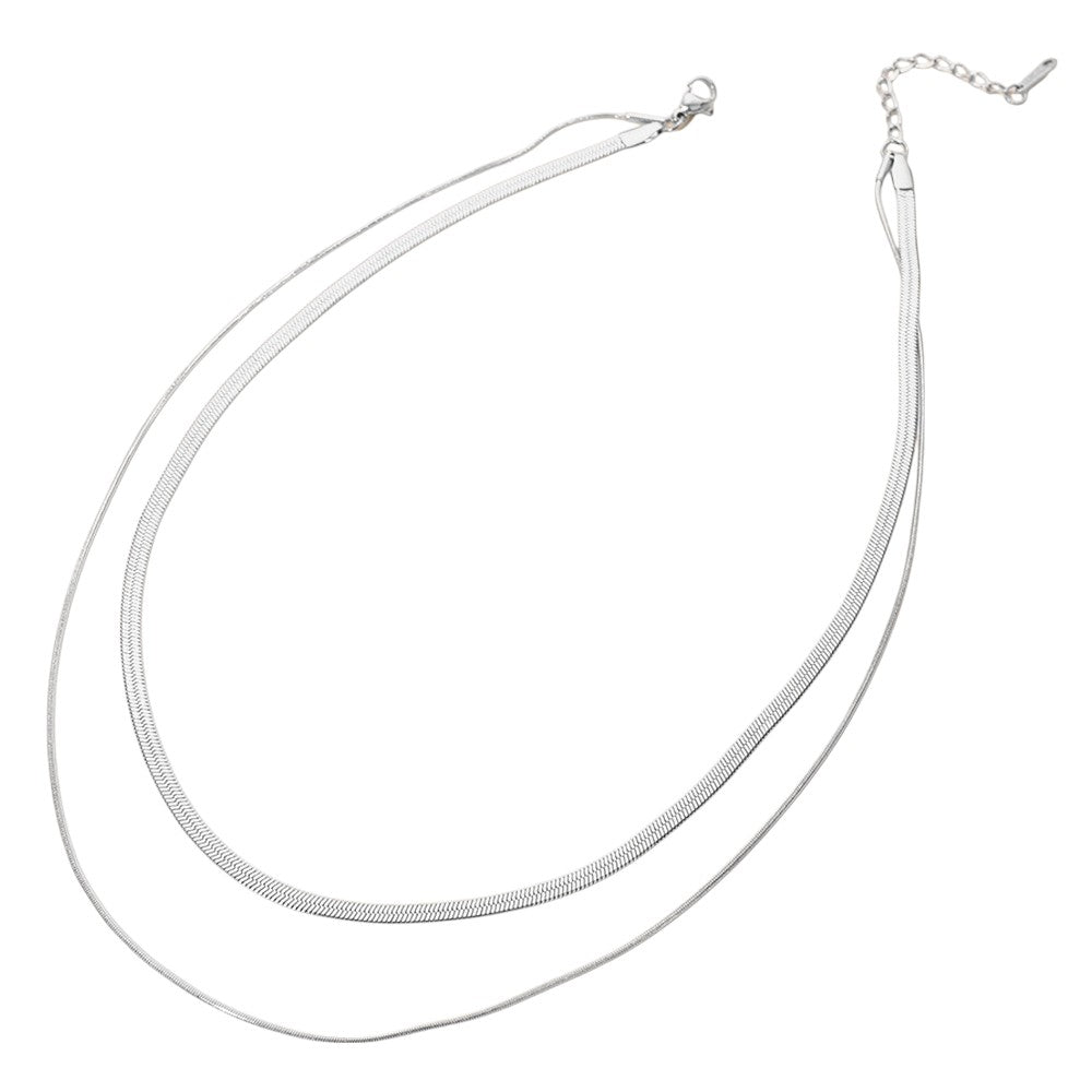 Silver stainless steel herringbone rope chain layered necklace is a versatile and stylish addition to your jewelry collection. Made with durable stainless steel, it offers a sleek and modern look that is perfect for both casual and formal occasions. Elevate your style with this statement piece.