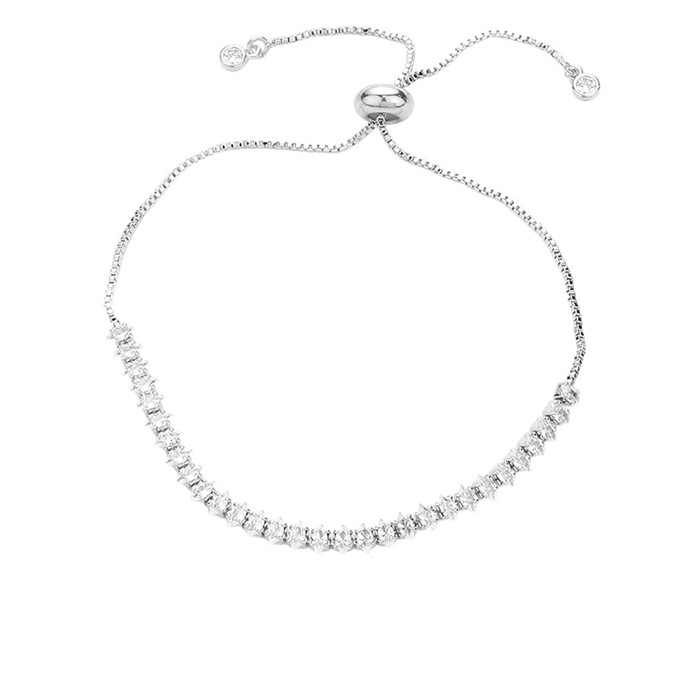 Silver Stainless Steel Marquise CZ Tennis Chain Pull Tie Adjustable Bracelet combines a modern design with durable materials. Expertly crafted with stainless steel and CZ stones, it offers comfort, versatility, and elegance. This must-have accessory adds a touch of luxury to any outfit.