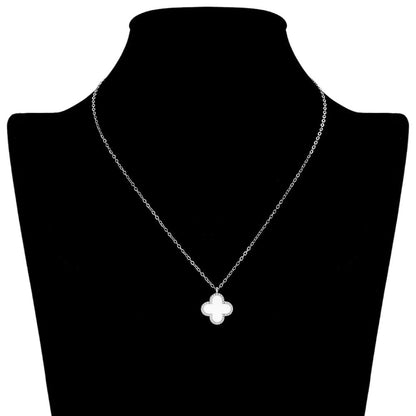 Silver Stainless steel necklace features a stunning mother-of-pearl quatrefoil pendant, adding a touch of elegance to any outfit. The durable stainless steel construction ensures long-lasting wear, making it a perfect addition to your jewelry collection. Elevate your style with this timeless piece.
