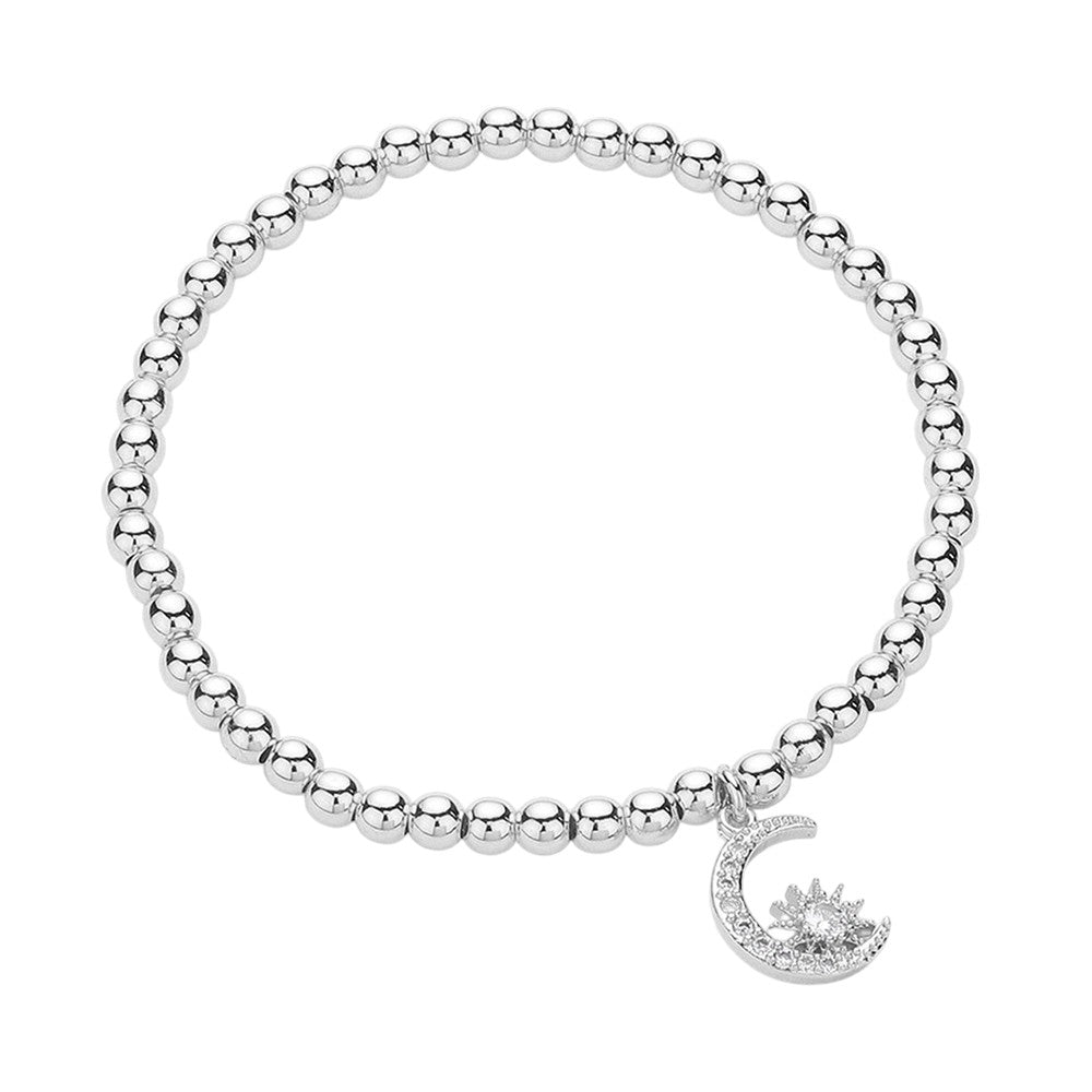 Stainless Steel Stone Paved Crescent Star Charm Stretch Ball Bracelet - Silver - Bracelets