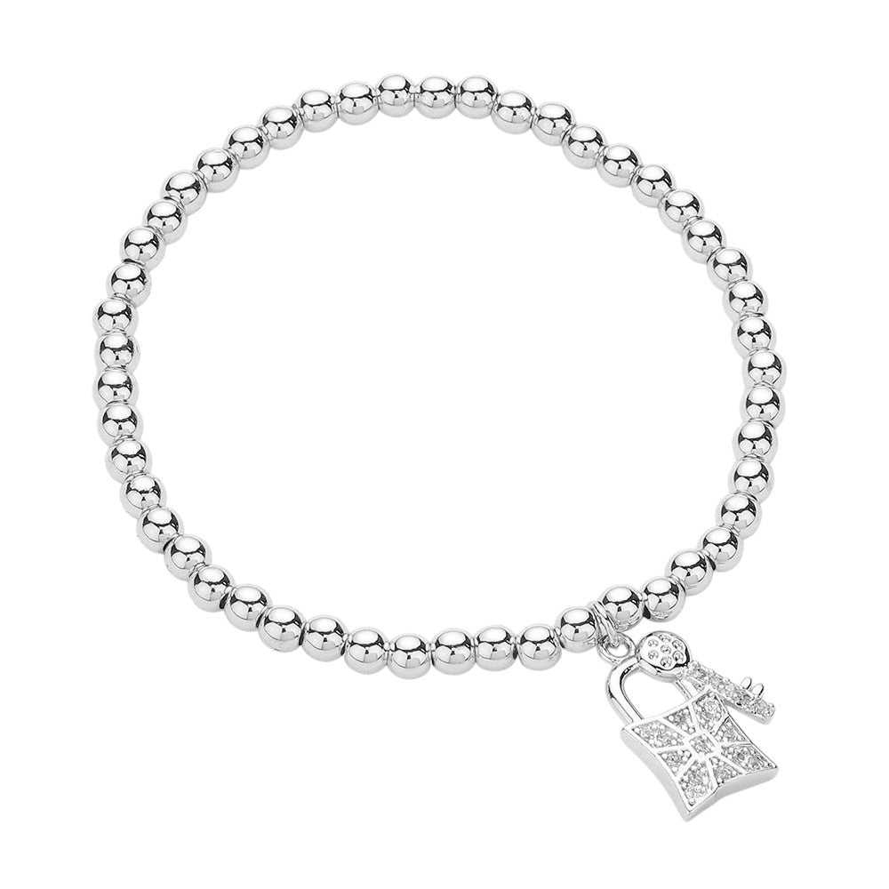Stainless Steel Stone Paved Key and Lock Charm Stretch Ball Bracelet - Silver - Bracelets