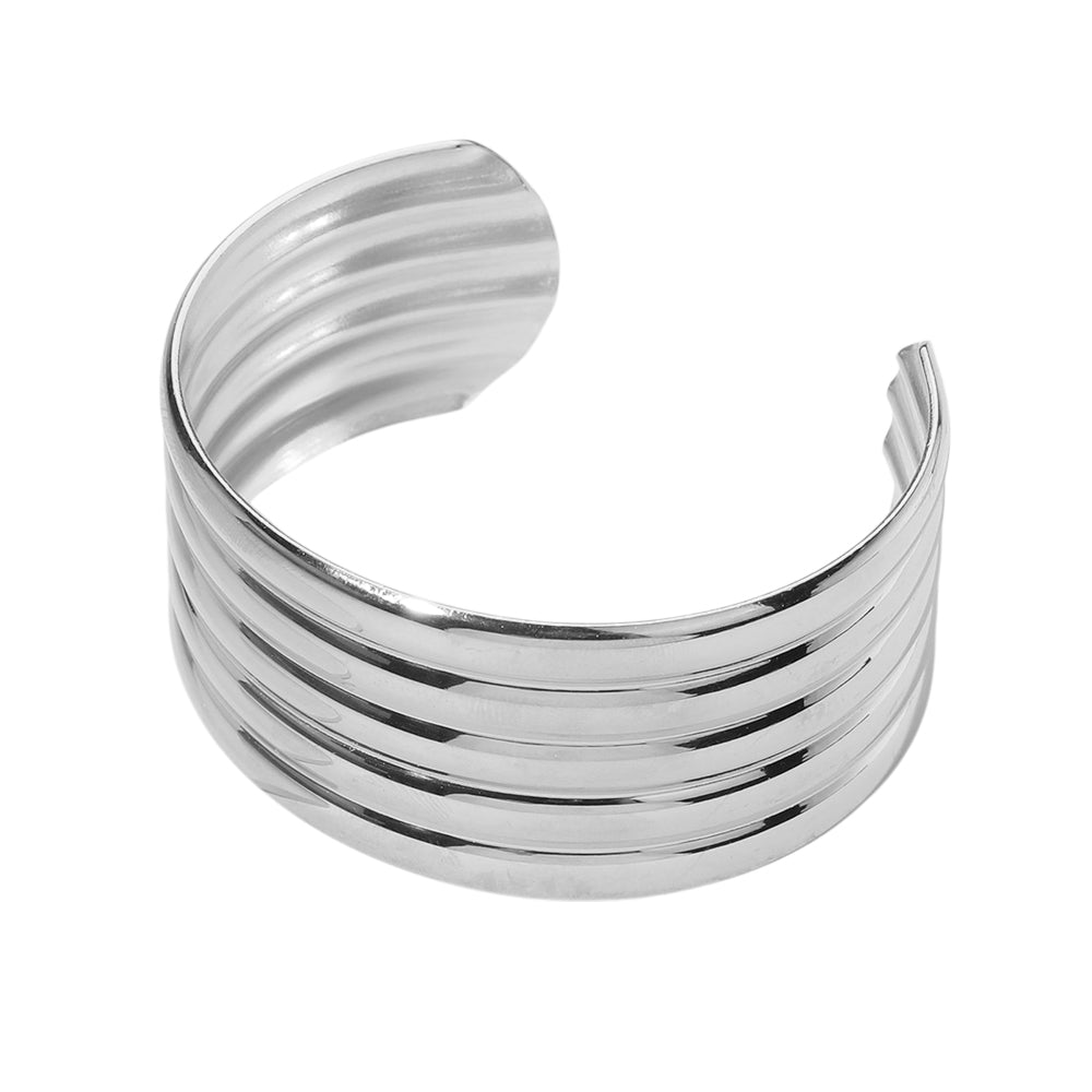 Silver Stainless Steel Wide Cuff Bracelet is expertly crafted with durable stainless steel. Its sleek and stylish design compliments any outfit, and its high-quality material ensures long-lasting wear. Perfect for everyday use or special occasions, this bracelet adds a touch of sophistication to any wardrobe.