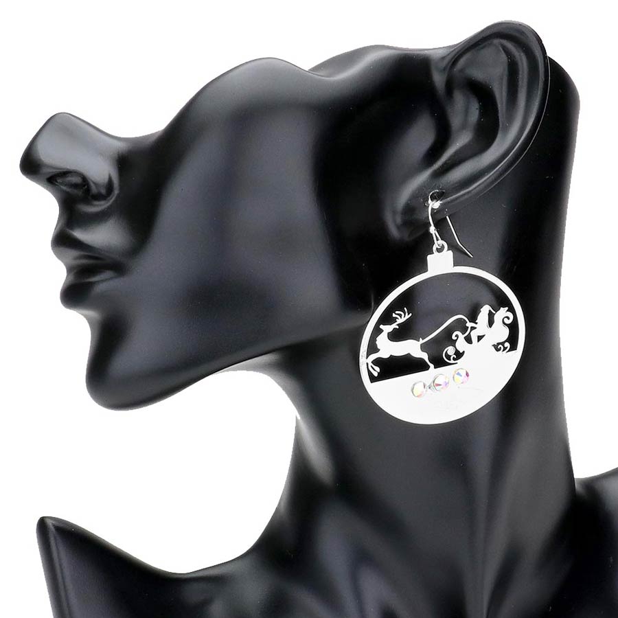 Silver--Stone Embellished Cut Out Santa Claus Brass Metal Round Dangle Earrings, A beautiful stone embellishment and cut-out design, making them the perfect festive accessory. The stones add a touch of sparkle to your holiday outfit, while the cut-out design adds a unique and charming touch. 