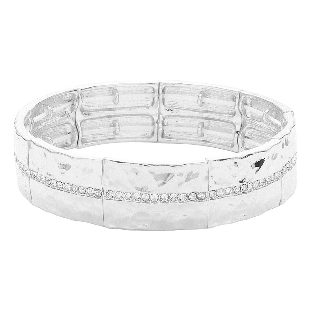 Silver-Stone Paved Line Center Pointed Hammered Metal Stretch Bracelet, This stylish Metal Stretch Bracelet has a stunning stone-paved line center and a hammered metal finish. With its stretchable design, it offers effortless comfort and versatility. Elevate your style with this must-have bracelet.