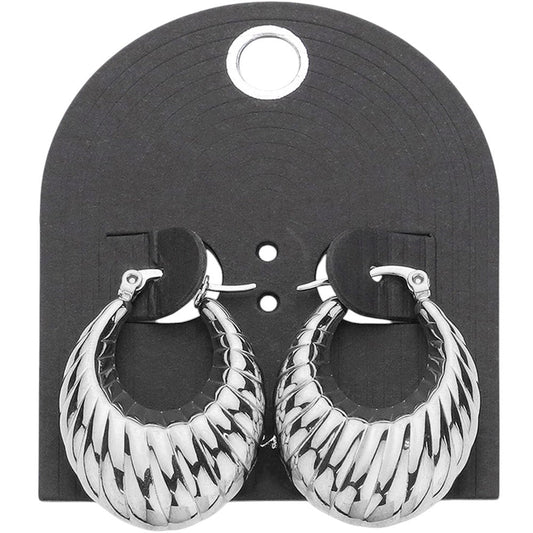 Silver Textured Metal Hoop Pin Catch Earrings offer a stylish and secure way to accessorize any outfit. The unique textured design adds a touch of sophistication while the pin catch closure ensures your earrings stay in place all day. Made with quality materials, these earrings are a must-have for any fashion-forward individual.