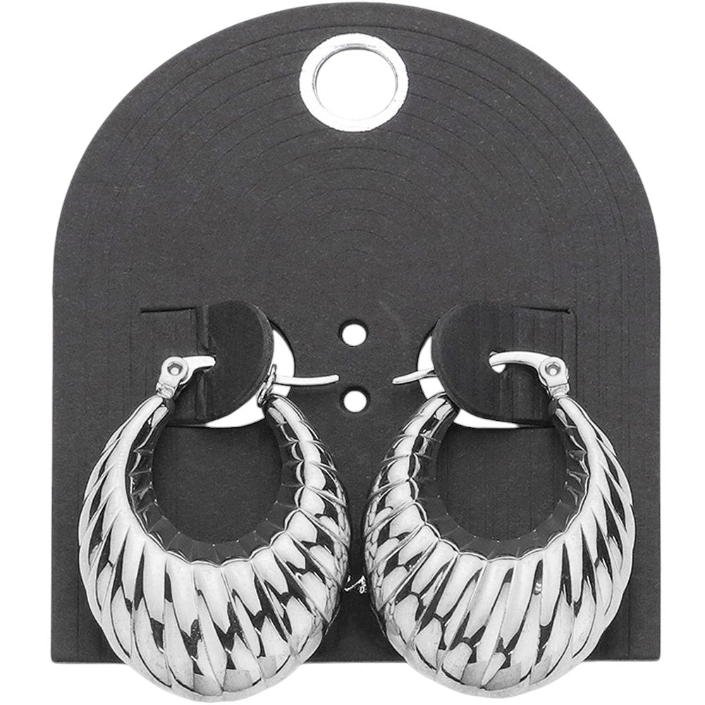 Textured Metal Hoop Pin Catch Earrings - Clear Silver - Earrings