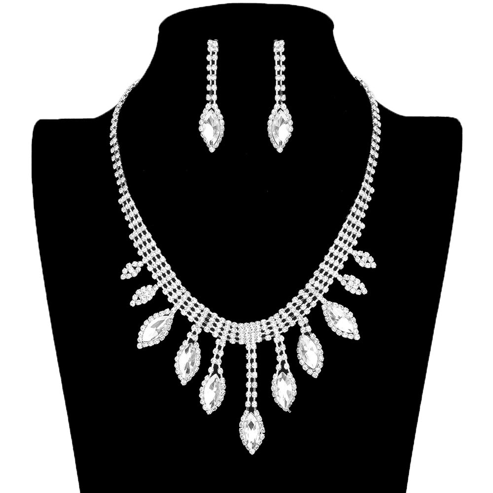 Silver Trendy Marquise Stone Accented Rhinestone Necklace, get ready with this Marquise stone necklace to receive the best compliments on any special occasion. This classy rhinestone necklace is perfect for parties, weddings, and evenings. Awesome gift for birthdays, anniversaries, Valentine’s Day, or any special occasion.