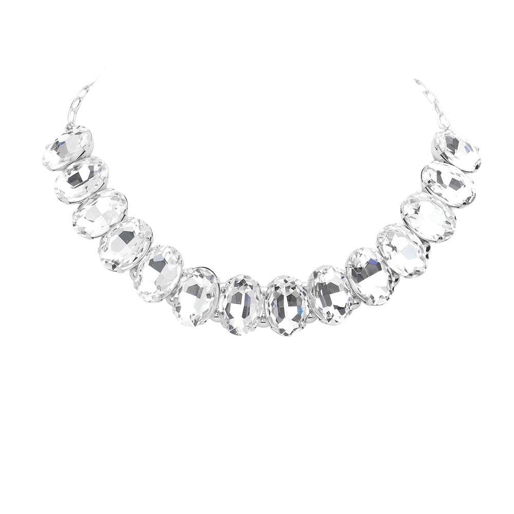 Oval Stone Evening Necklace - Silver - Necklaces
