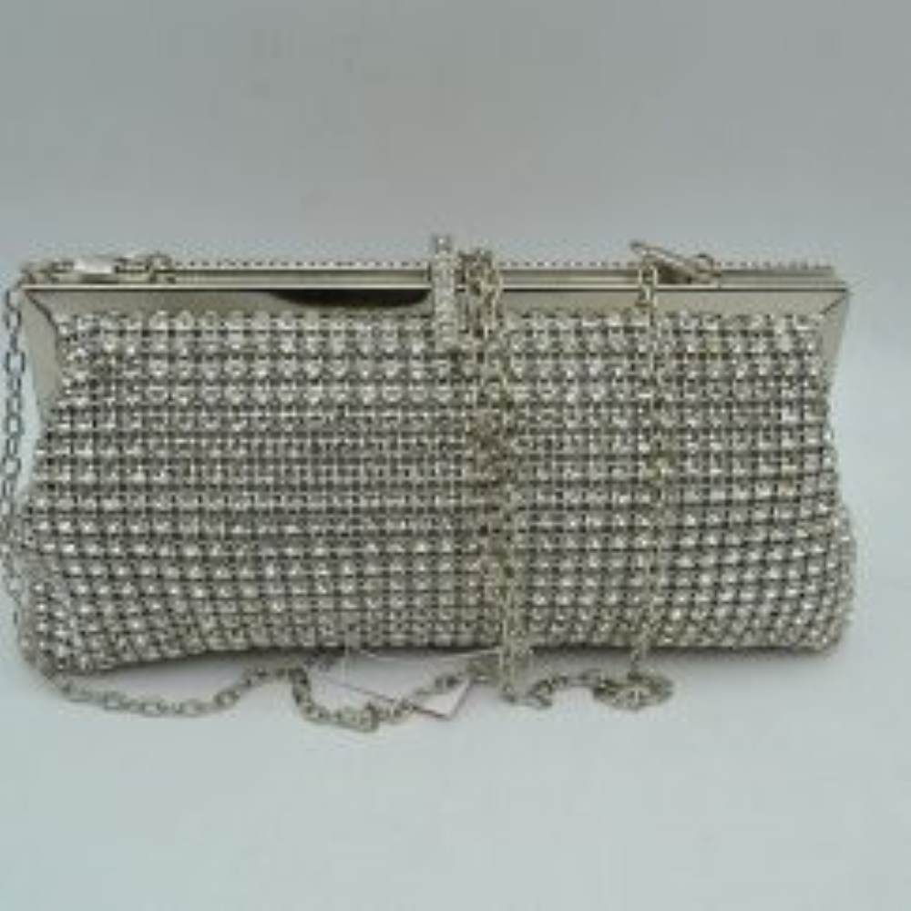 Silver Add a touch of glamour to your next special occasion with this exquisite evening clutch bag. Designed to catch the light from every angle, this handbag features a fully embellished exterior lined with rows of shimmering crystal rhinestones and a distinctive, rhinestone-accented top clasp closure that adds an extra layer of elegance while keeping your essentials secure. Perfect for weddings, galas, parties, or formal events