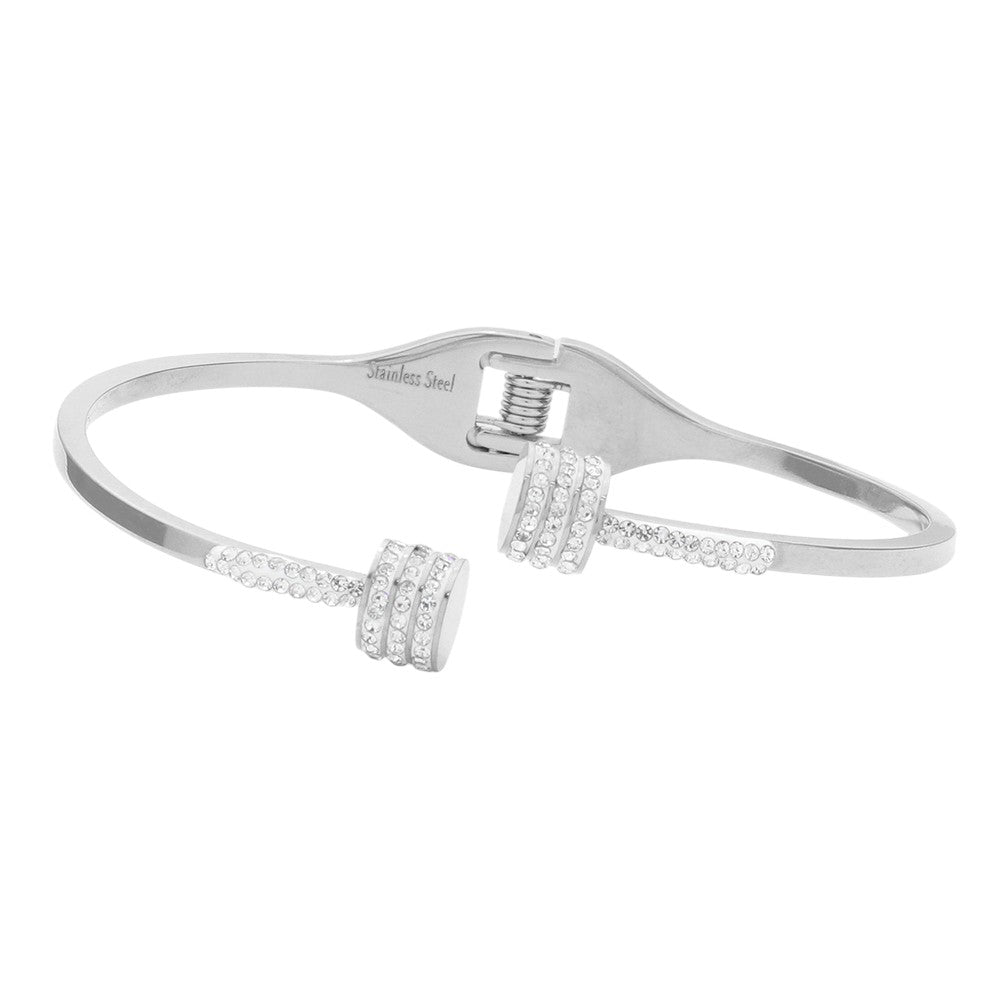 Silver CZ Stone Paved Tip Stainless Steel Hinged Bracelet is a durable and stylish accessory. With its sparkling CZ stones and sturdy stainless steel construction, it adds a touch of elegance to any outfit. The hinged design allows for easy on and off, making it a convenient choice for everyday wear. 