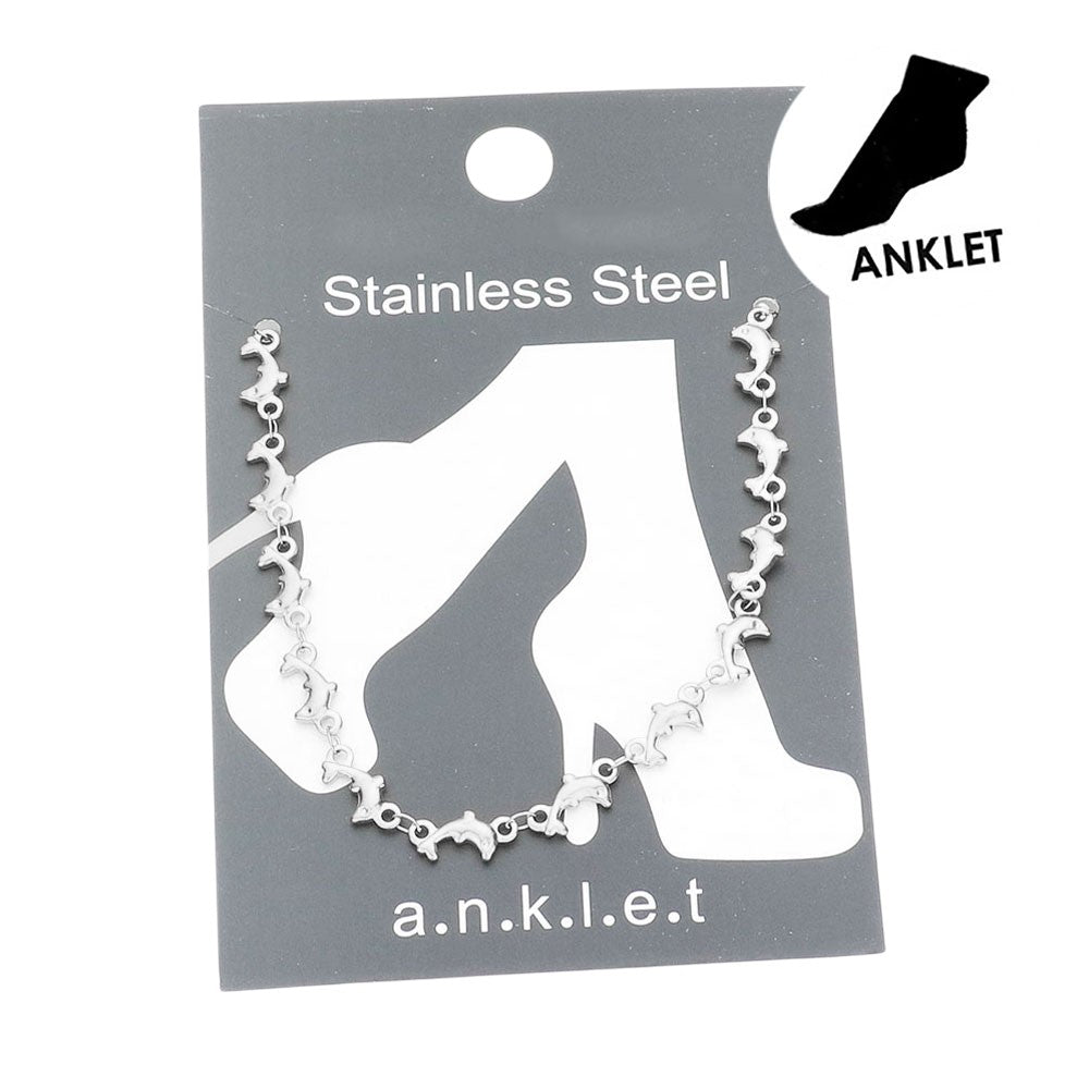 Silver Stainless Steel Dolphin Link Anklet adds a touch of elegance to any outfit. Made from high-quality stainless steel, this anklet is durable and resistant to tarnishing. Its unique dolphin link design represents grace and freedom, making it a perfect accessory for those who love the ocean. Transform your look today with this beautiful piece. 