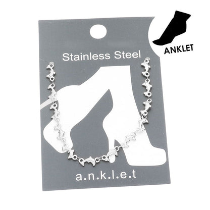 Silver Stainless Steel Dolphin Link Anklet adds a touch of elegance to any outfit. Made from high-quality stainless steel, this anklet is durable and resistant to tarnishing. Its unique dolphin link design represents grace and freedom, making it a perfect accessory for those who love the ocean. Transform your look today with this beautiful piece. 