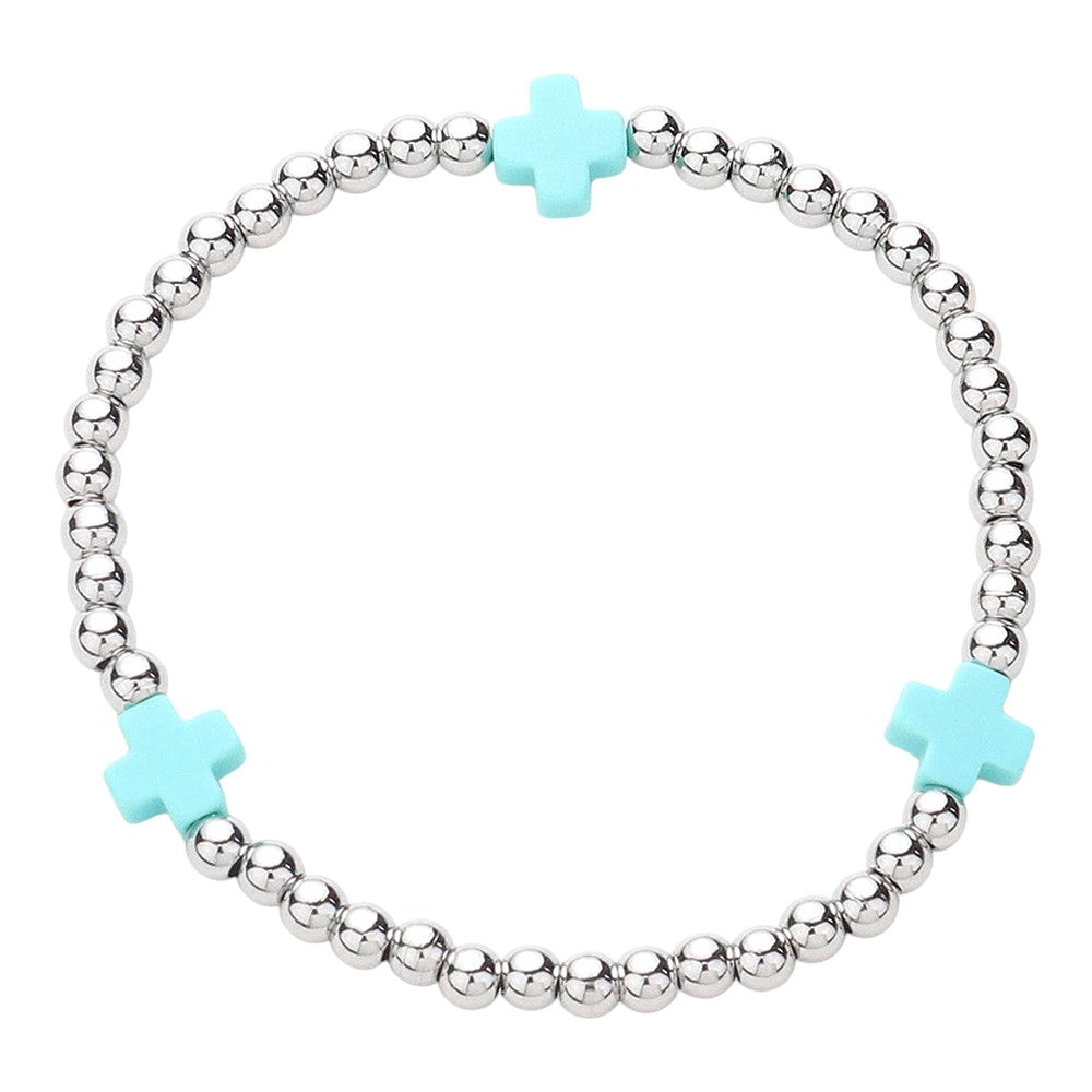 Cross Pointed Stainless Steel Ball Beaded Stretch Bracelet - Silver Turquoise - Bracelet