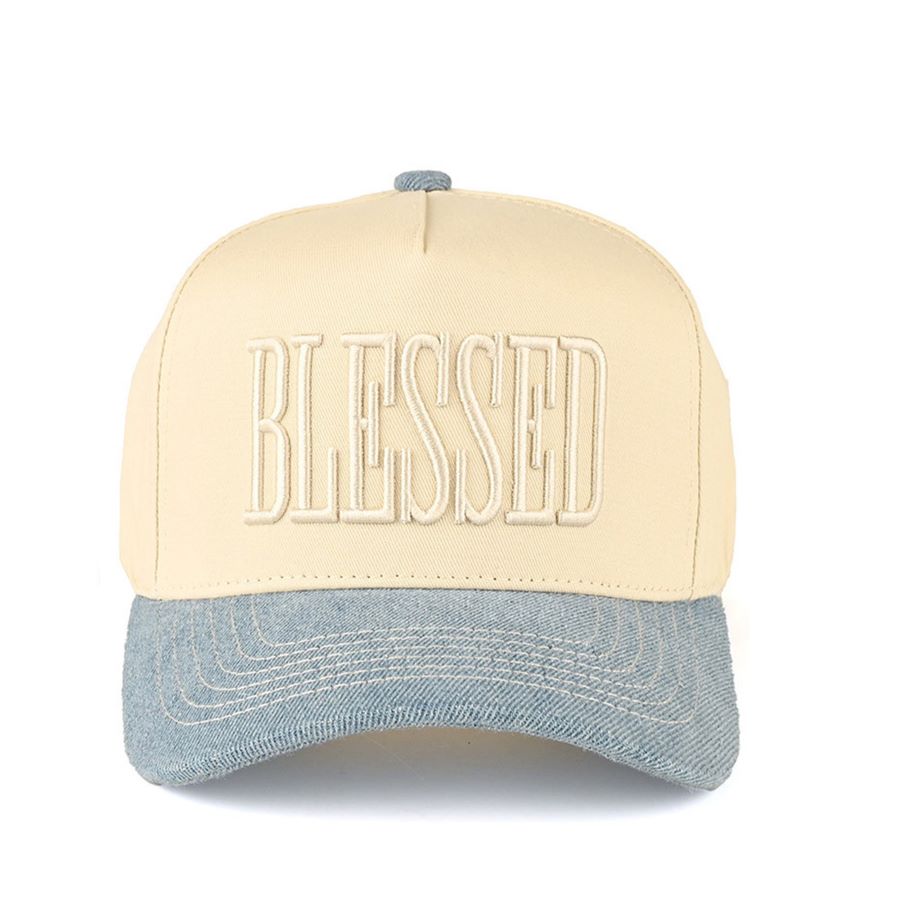 Sky Blue CC Beanie “Blessed” Letter Embroidered Two-Tone Trucker Hat Baseball Cap features elegant embroidered lettering paired with a stylish two-tone design for a meaningful, everyday look. The classic trucker silhouette provides breathable comfort and an adjustable fit for all-day casual wear.