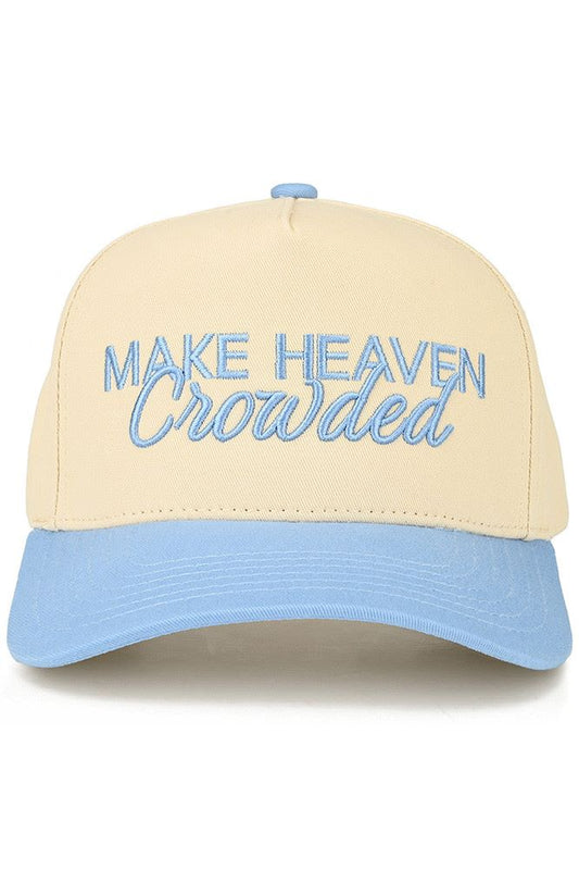 Classic trucker hat featuring bold "MAKE HEAVEN CROWDED" letter embroidery across the front. Structured six-panel design with a curved bill and mesh back panels for breathability. Adjustable snapback closure ensures a comfortable fit for most head sizes. Perfect for casual everyday wear or making a statement with its inspirational message. Durable construction built to last through seasons of style.