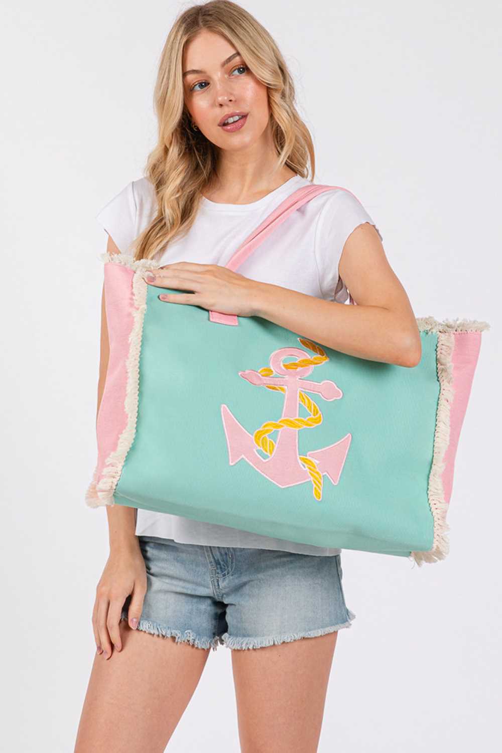 Sky Blue Brighten your summer style with this vibrant tote bag, featuring charming embroidered patches of anchors, pineapples, and flamingos. The playful fringe detailing adds a fun, beachy vibe perfect for beach days, shopping, or casual outings. Crafted from durable 100% polyester, this spacious tote measures 17.5" x 14" x 5", offering plenty of room for all your essentials. The convenient magnetic closure keeps your belongings secure, while the inner pocket provides smart organization for smaller items. 