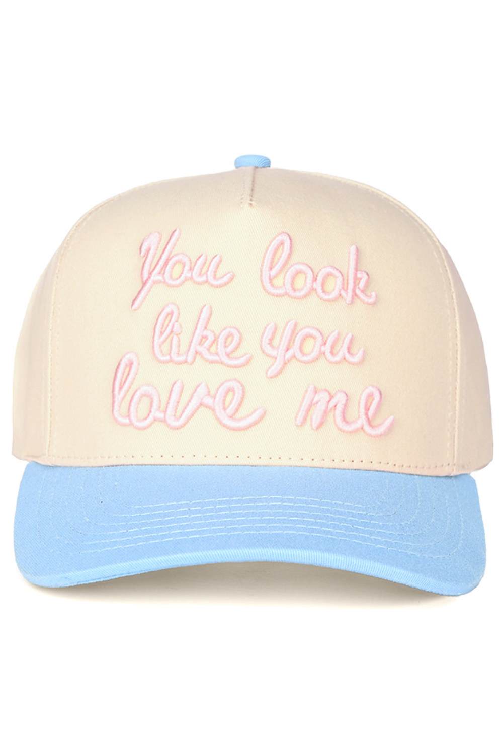 Sky Blue Playful and bold, the C.C YOU LOOK LIKE YOU LOVE ME Trucker Hat adds instant personality to any casual outfit with its eye-catching slogan. Designed with a classic snap-back closure and breathable mesh back, it offers a comfortable, adjustable fit perfect for everyday wear.