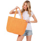 Orange Solid Crochet Straw Tote Bag is perfect for a day at the beach. Made from durable straw material, it features a spacious interior and sturdy handles for carrying all your essentials. Stay stylish and organized with this must-have accessory.