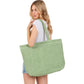 Olive Green Solid Crochet Straw Tote Bag is perfect for a day at the beach. Made from durable straw material, it features a spacious interior and sturdy handles for carrying all your essentials. Stay stylish and organized with this must-have accessory.