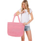 Pink Solid Crochet Straw Tote Bag is perfect for a day at the beach. Made from durable straw material, it features a spacious interior and sturdy handles for carrying all your essentials. Stay stylish and organized with this must-have accessory.
