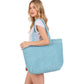 Blue Solid Crochet Straw Tote Bag is perfect for a day at the beach. Made from durable straw material, it features a spacious interior and sturdy handles for carrying all your essentials. Stay stylish and organized with this must-have accessory.