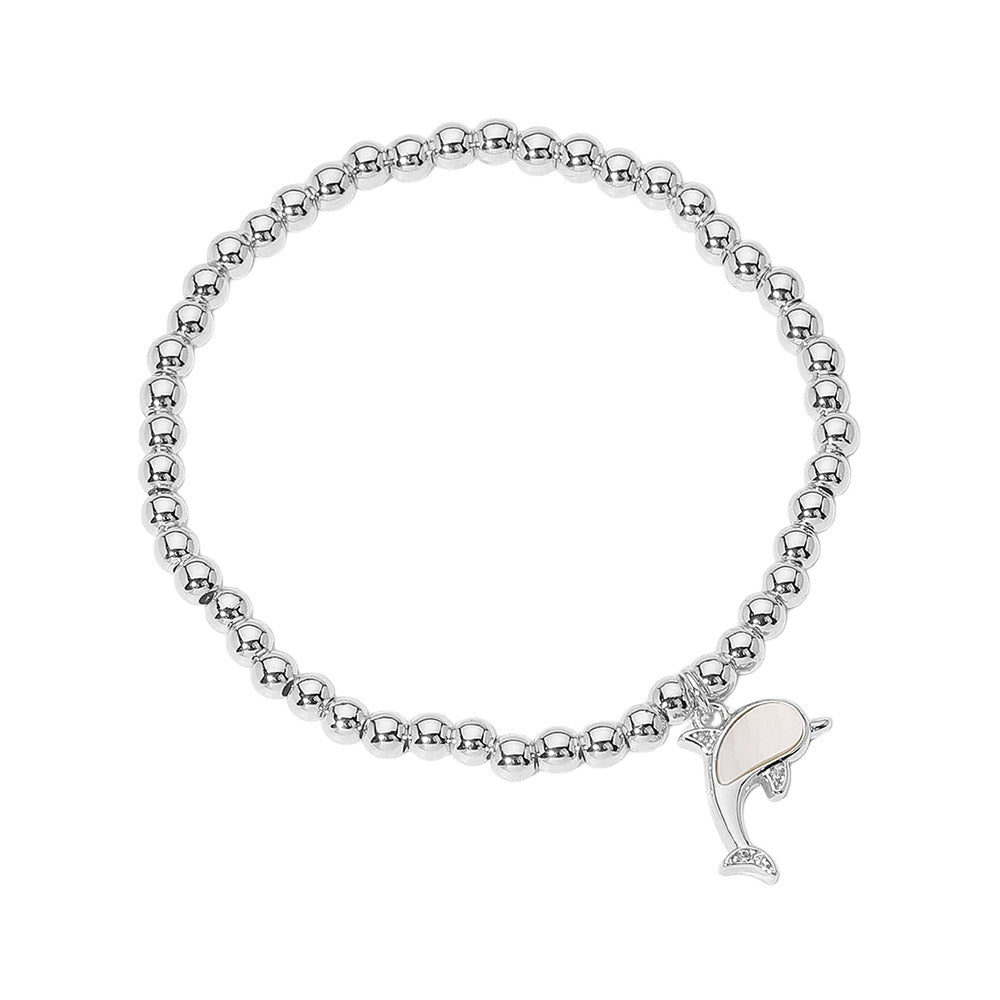 Silver Stainless Steel Ball Mother of Pearl Dolphin Stretch Bracelets features a stretch design, making it easy to put on and take off. The stainless steel ball compliments the beautiful mother-of-pearl dolphin charm for a sleek and sophisticated look. Perfect for any occasion, this bracelet will elevate your style. 