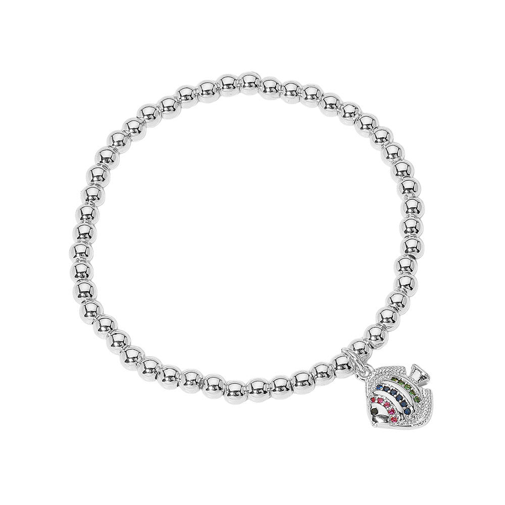 Silver Stainless Steel Ball Stone Paved Fish Charm Beaded Stretch Bracelet features a unique design with fish charm and stone paved beads. The flexible stretch design ensures a comfortable fit. The stainless steel material adds durability and a modern touch to any outfit. Elevate your style with this elegant and versatile accessory. 