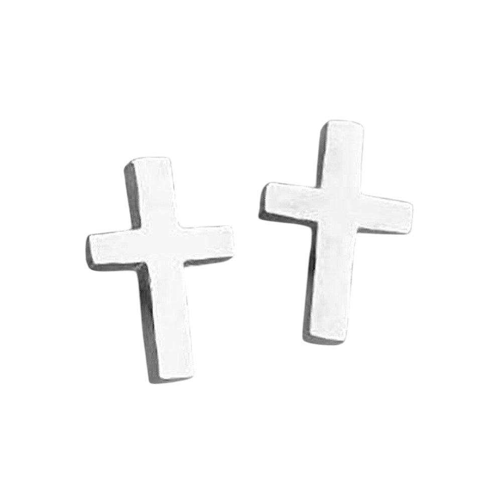 Rhodium Stainless Steel Cross Stud Earrings feature a simple yet striking design that showcases a symbol of faith. Made of durable stainless steel, they are lead and nickel compliant. With a post back closure and dimensions of 0.25" x 0.4", they are the perfect addition to any outfit.