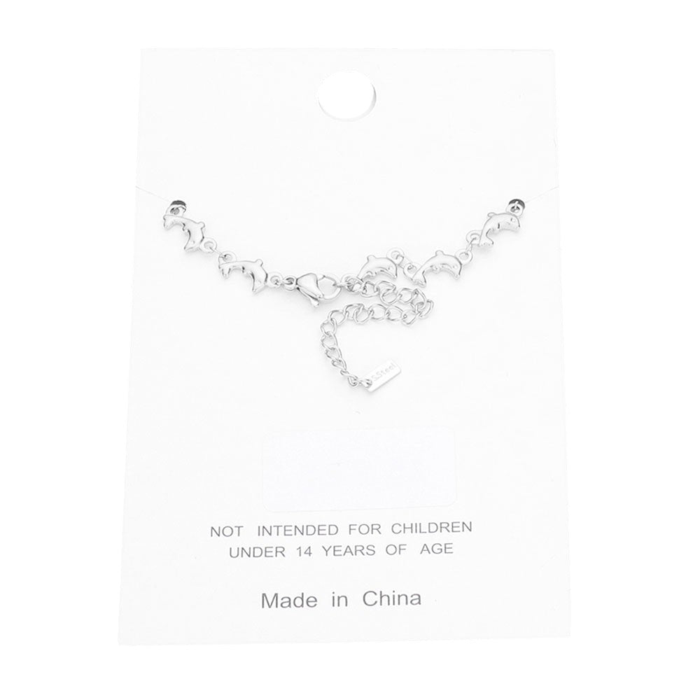 Silver Stainless Steel Dolphin Link Anklet adds a touch of elegance to any outfit. Made from high-quality stainless steel, this anklet is durable and resistant to tarnishing. Its unique dolphin link design represents grace and freedom, making it a perfect accessory for those who love the ocean. Transform your look today with this beautiful piece. 