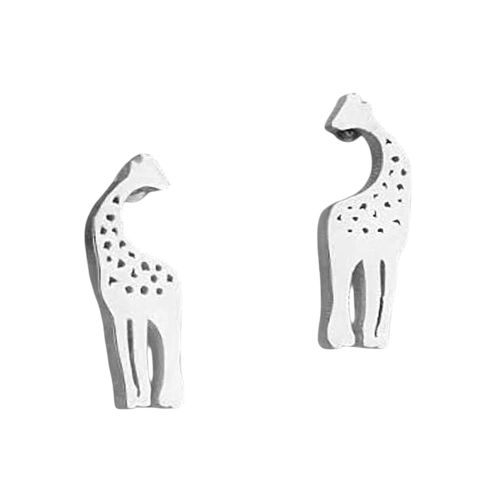 Rhodium Stainless Steel Giraffe Stud Earrings are a stylish addition to any jewelry collection. Made from durable stainless steel, these earrings are both hypoallergenic and resistant to tarnishing. With a unique and eye-catching design, these earrings are sure to make a statement. Perfect for any animal lover or fashion enthusiast. 