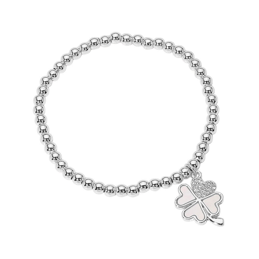 Silver Stainless Steel Ball Stone Paved Mother of Pearl Clover Charm Beaded Stretch Bracelet is adorned with a delicate Mother of Pearl Clover charm and features a stretch design for easy wear. The stainless steel ball and stone paved details add a touch of elegance to any outfit. Perfect for any stylish occasion. 