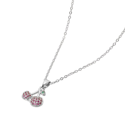 Silver Stainless Steel Stone Paved Cherry Pendant Necklace features a beautiful cherry pendant adorned with sparkling stones, crafted with durable stainless steel for a timeless and elegant look. Perfect for adding a touch of sophistication to any outfit. A must-have accessory for any fashion-forward individual.