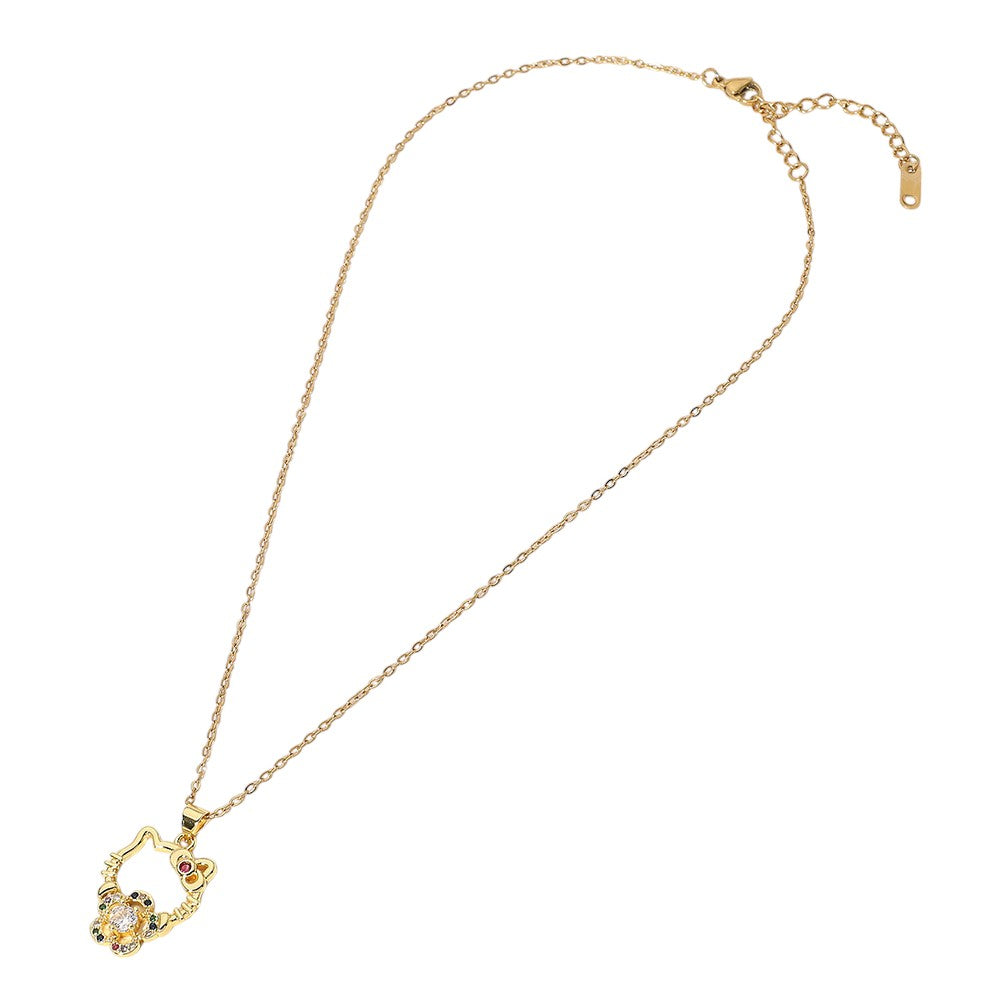 Gold Stainless Steel Stone Paved Kitty Pendant Necklace adds a charming touch to any outfit. Made with premium stainless steel and paved with sparkling stones, this necklace is both durable and elegant. Perfect for cat lovers, it's a perfect addition to any jewelry collection.