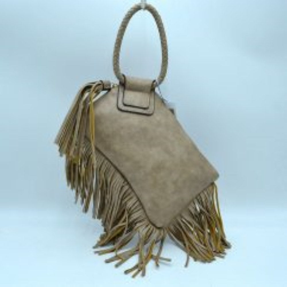 Steel This everyday clutch bag features a smooth, structured body prominently styled with long cascading fringe accents along the lower trim and side panel. Designed for convenient hand carrying, it is equipped with a distinctively braided, circular top handle anchored securely to a reinforced upper flap. The main storage compartment features a secure top zipper closure with metallic teeth