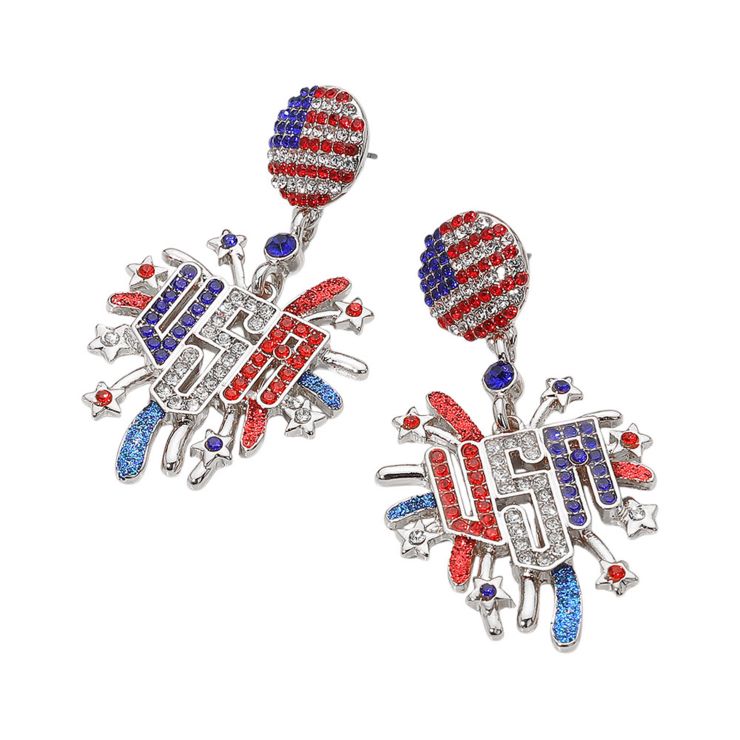 Rhodium Patriotic ribbon stud earrings with sparkling detail, ideal for national celebrations, themed events, or showcasing American pride in style. Lightweight and festive.