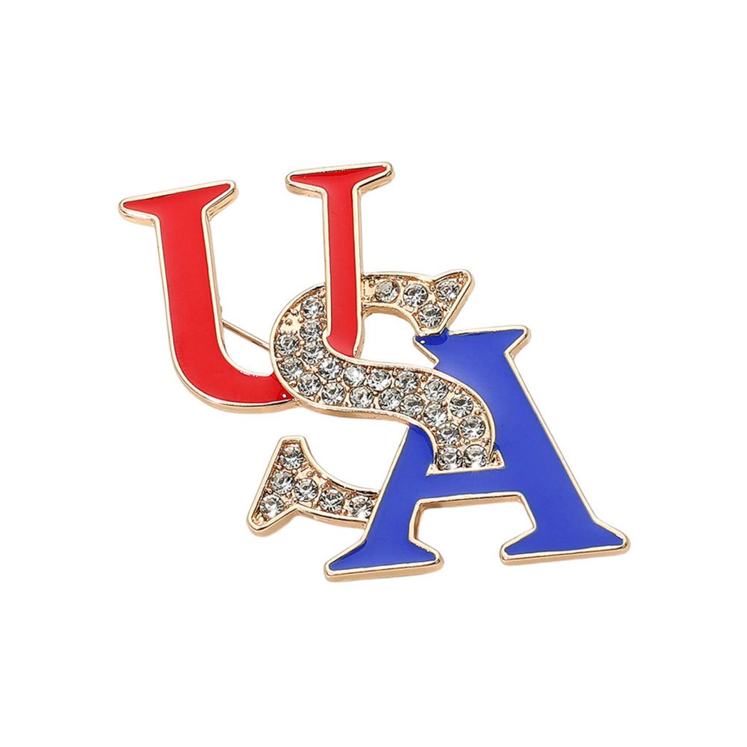 Gold Add a bold patriotic accent to your look with this Stone Paved Enamel USA Pin Brooch, featuring vibrant enamel detailing and stone-paved accents for a refined finish. Perfect for jackets, bags, hats, or lapels, it offers a durable, eye-catching design that showcases American pride in a stylish way.