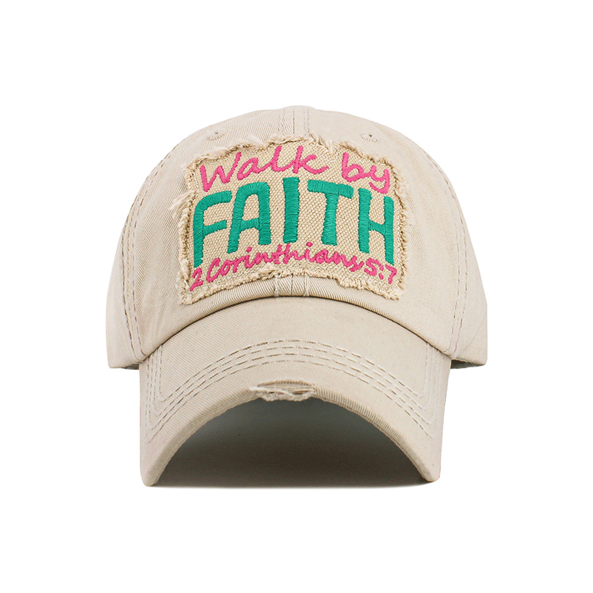 Make a statement with the WALK BY FAITH Washed Vintage Baseball Cap, featuring a timeless distressed look and meaningful message. Soft, broken-in feel with an adjustable fit for everyday wear.