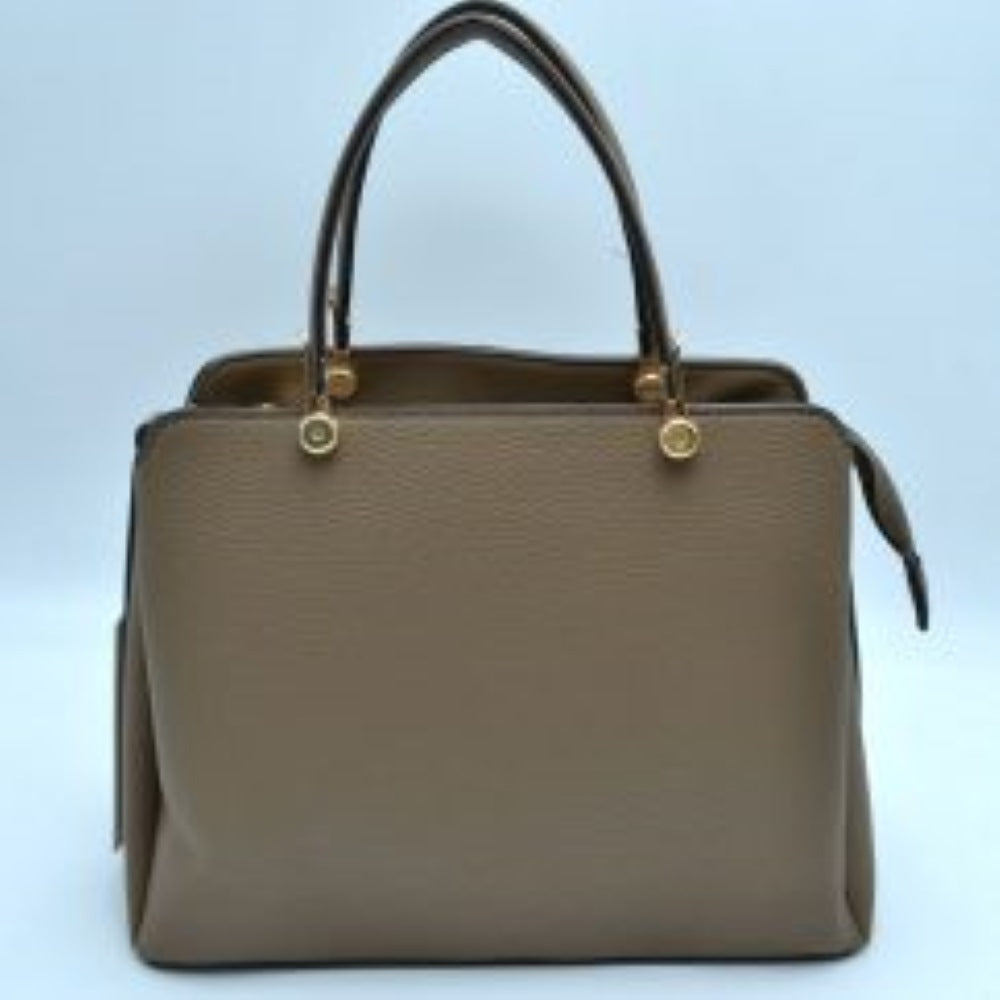 Stone This structured handbag is designed for everyday use, featuring dual arched top handles attached with round metallic hardware. The design includes multiple storage compartments to organize your belongings, featuring a central zippered closure alongside separate side compartments.